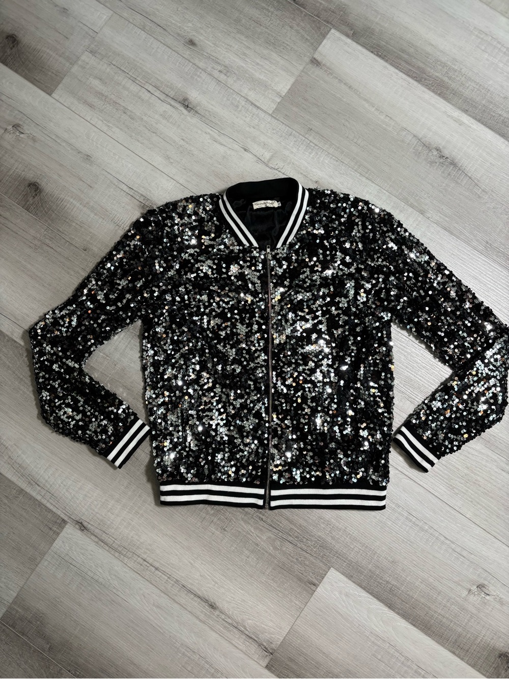Anna-Kaci XL Black Sequin Varsity Bomber Jacket Zip Front
